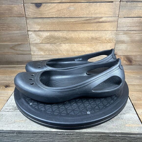 Crocs Kadee Flats Womens Sz 9 Black Slip On Slip Resistant Sandals Cutout - Picture 3 of 9